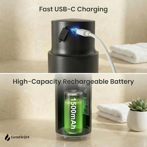 GentleJet CrystalJet Automatic Liquid Soap Dispenser Touchless Sensor, Stainless Steel, USB-C Rechargeable, Waterproof Kitchen & Bathroom Countertop Soap Dispenser, 300 ml - color: Black