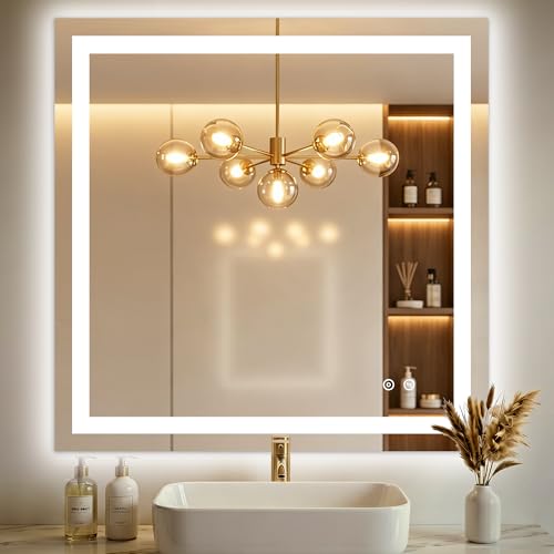 30x30 LED Bathroom Mirror with Lights, Lighted Vanity Mirror for Wall | Front and Backlit, Anti Fog, Dimmable 3 Color Lighting, Memory Function, Shatter Resistant Glass, Plug in or Hardwired - size: 30"L x 30"W