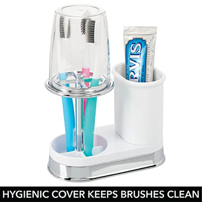mDesign Plastic Toothpaste and Toothbrush Holder Center with Cup/Cover - Organizer for Bathroom Vanity Countertop - Holds Paste, Floss, Accessories - Hyde Collection - White/Chrome - color: White/Chrome