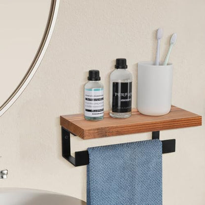 Hand Towel Holder/Towel Ring with Wooden Shelf, Hand Towel Rack, Hand Towel Hanger for Bathroom, Bath Accessories Wall Mounted, (Matte Black, 9"-Squ Shaped) - size: 9"-Squ Shaped