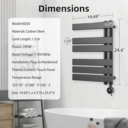 P&Dlusir M205 Electric Towel Warmer, Black, H19.69 x W19.69 | Heated Towel Rack, No Preheat, Fast Dry, Precise Timer, Plug-in/Hardwired - color: Black, size: 24.4"H x 19.69"L