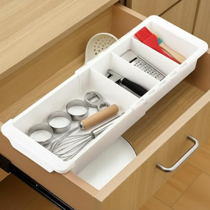 Enhon Deep Drawer Organizer Bins, Expandable Kitchen Tray | Adjustable Sliding Bins, Utensil BBQ Tool and Towel Storage, Kitchen Drawer Organization