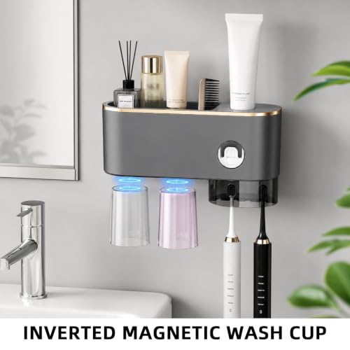 Bathroom Toothbrush Holder —Wall-Mounted Toothbrush Organizer (with Automatic Toothpaste Dispenser), Magnetic Rinse Cup Design, No-Drill Bathroom Vanity Storage Tray (Gunmetal Gray (2 Cups)) - color: Gunmetal Gray (2 Cups)