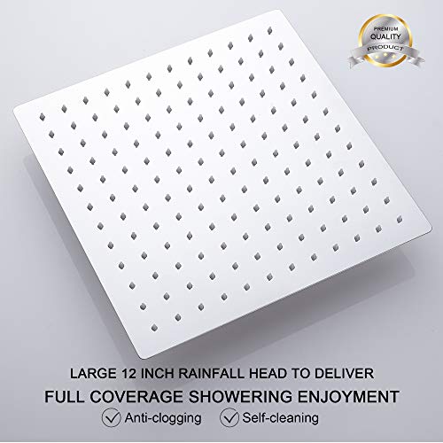 Square Rain Shower Head, High Pressure Rainfall Showerhead, Large Fixed Stainless Steel Polished Chrome Shower Rain, 12 Inch Rainhead and 15 Inch Extension Arm