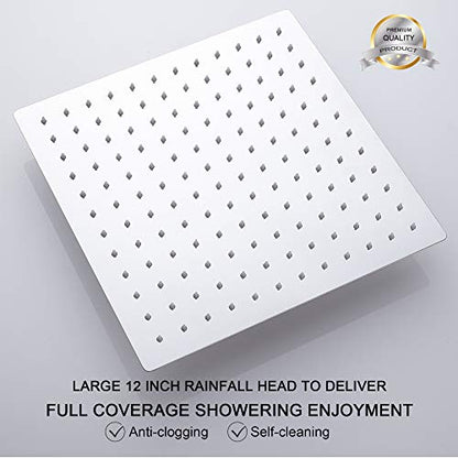 Square Rain Shower Head, High Pressure Rainfall Showerhead, Large Fixed Stainless Steel Polished Chrome Shower Rain, 12 Inch Rainhead and 15 Inch Extension Arm