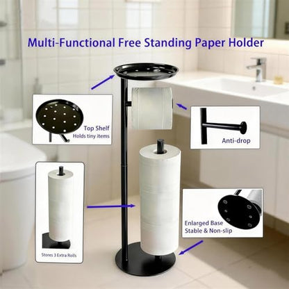 Toilet Paper Holder Black Metal Free Standing Bathroom Paper Holder Stand with Anti-Slip Base and Storage Shelf,Roll Tissue Holder Dispenser for 4 Reserve Rolls