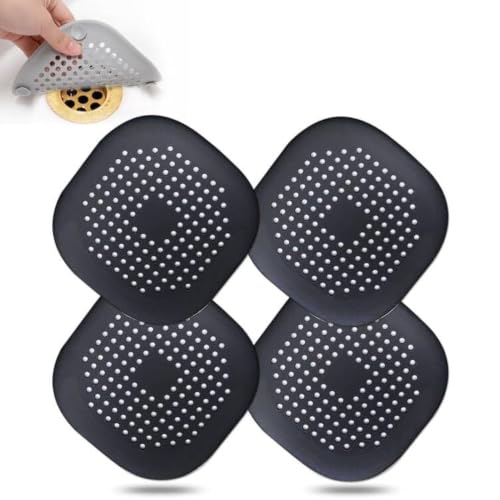 Bovinde Hair Drain Catcher,Square Cover for Shower 4 Pack (Jet Black) | Drainer Cover Silicone Hair Stopper with Suction Cups,Protector Accessories,Easy to Install Suit for Bathroom,Bathtub,Sink - color: Jet Black
