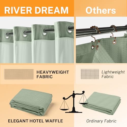 River Dream No Hooks Shower Curtain with 2 Snap in Liner, Green, 71Wx74H | Waffle Weave, 1 Attached Snap in Liner and 1 Extra Replacement Liner, Bathroom Curtains Shower Set, Hotel Grade, Spa Like - color: Green