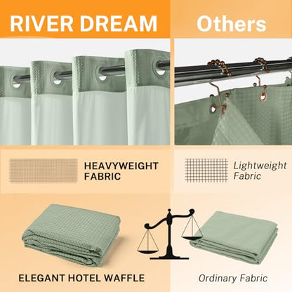 River Dream No Hooks Shower Curtain with 2 Snap in Liner, Green, 71Wx74H | Waffle Weave, 1 Attached Snap in Liner and 1 Extra Replacement Liner, Bathroom Curtains Shower Set, Hotel Grade, Spa Like - color: Green