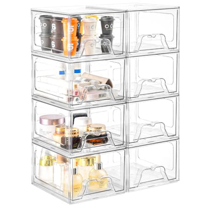 Stebopum 8 Pack Stackable Makeup Organizer, 4.4'' Tall Acrylic Bathroom Makeup Organizer and Storage Drawer with Pull-out Handle, Clear Plastic Storage Bins for Vanity,Pantry,Desk,Undersink,Kitchen - style: 8pack Small