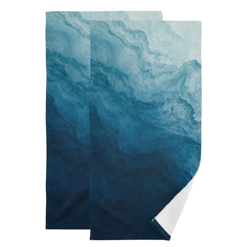 Blue Sea Wave Hand Towels for Bathroom Set of 2,Soft Absorbent Modern Abstract Ocean Beach Themed Dark Navy Kitchen Dish Towels,Decorative Guest Bathroom Towels for Face,Gym,Shower 14"x28" - color: Navy