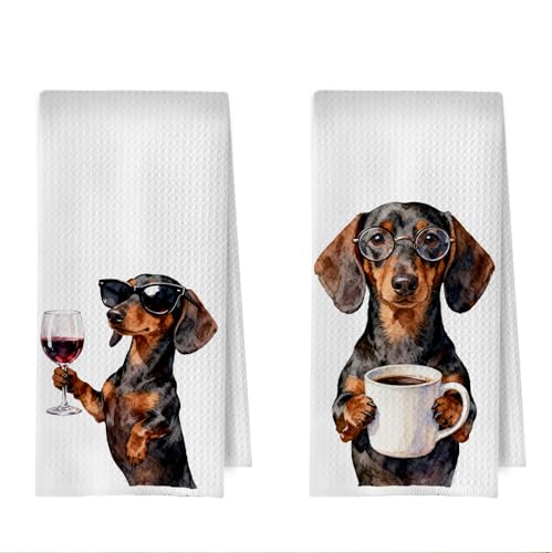 Funny Dachshund Kitchen Towels - Funny Wiener Dog Decorative Waffle Dish Towels, Coffee Sausage Dog Hand Towel, Kitchen Home Bar Dogs Tea Towel for Wine Lovers, 16x24 Inch Set of 2 - color: Dachshund