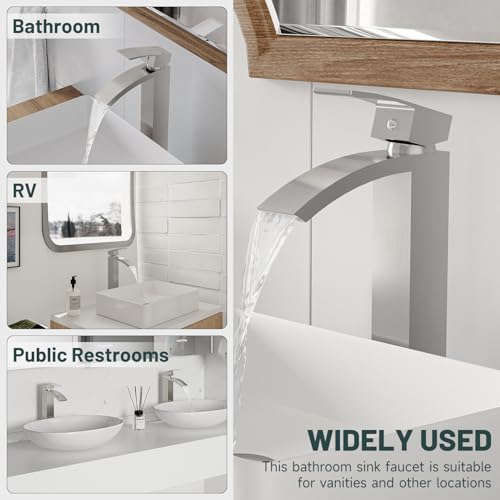 Brushed Nickel Vessel Sink Faucet, Waterfall Bathroom Faucets | Brass, Tall Spout, Single Handle 1 Hole Bathroom Faucet, Modern Basin Taps with Supply Line, Pop Up Drain, Without Overflow - color: Brushed Nickel, size: Tall