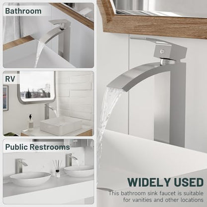 Brushed Nickel Vessel Sink Faucet, Waterfall Bathroom Faucets | Brass, Tall Spout, Single Handle 1 Hole Bathroom Faucet, Modern Basin Taps with Supply Line, Pop Up Drain, Without Overflow - color: Brushed Nickel, size: Tall