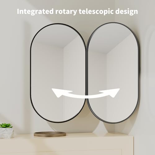 32" x 20" Black Oval Wall Mirror, Capsule Extendable Swivel Bathroom Vanity Makeup Mirror, 360 Rotation Folding Extendable Arm Vanity Mirror for Wall Shower Shaving