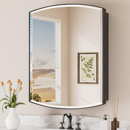 Keonjinn Black Medicine Cabinet with Mirror 24” x 30”, Metal Framed Wall Cabinet with Beveled Mirror, Surface Mount or Recessed Medicine Cabinet for Bathroom, Bathroom Mirror with Storage | Metal Framed Wall Cabinet with Beveled Mirror, Wall-Mounted or Re