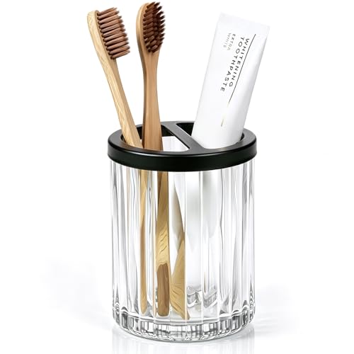 8oz Toothbrush Holders for Bathrooms, Clear Striped Toothbrush Cup, Clear | Bathroom Tumbler and Mouthwash Cup with Black Divider, Tooth Brush and Toothpaste Organizer for Countertop - color: Clear