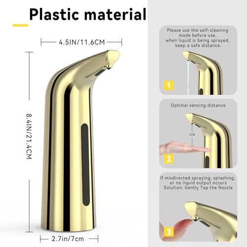 Automatic Soap Dispenser, Plastic Material for Bathroom & Kitchen | 4-Level Adjustable Touchless Hand Soap Dispenser ,13oz/400ml Battery Operated Electric Dispenser, Gold Soap Dispenser - color: Gold
