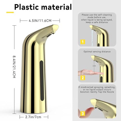 Automatic Soap Dispenser, Plastic Material for Bathroom & Kitchen | 4-Level Adjustable Touchless Hand Soap Dispenser ,13oz/400ml Battery Operated Electric Dispenser, Gold Soap Dispenser - color: Gold