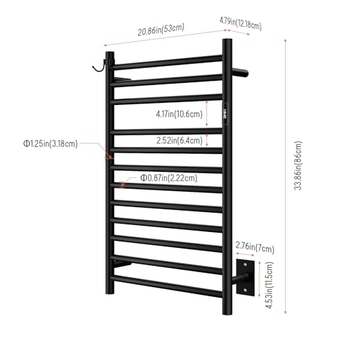 Wall Mounted Towel Warmer 12 Bars with Plug-in and Hardwired Options 3 Working Modes Black Stainless Steel 21” W 34” H - color: Black