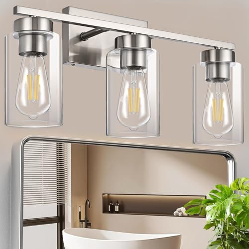 3-Light Bathroom Vanity Light, Modern Brushed Nickel Wall Lights with Clear Glass Shades, Bathroom Wall Sconce Lamp for Mirror Living Room Bedroom Hallway - color: 3 Light Nickel-Small