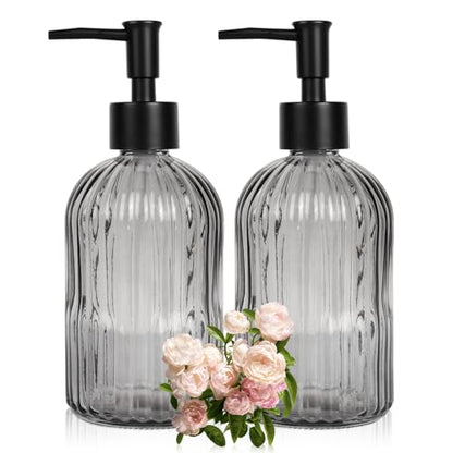 2 Pack 11oz Glass Soap Dispenser with Plastic Pump, Vertical Stripe Design Refillable Hand Soap Dispenser for Hand Wash, Bathroom and Kitchen - color: Transparent Black