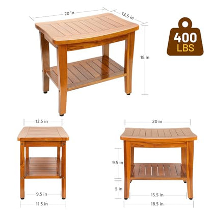20" Premium Teak Shower Bench with Shelf & Handle, Solid Teak Shower Stool, Durable Wooden Waterproof Seat for Inside Shower, Teak Wood Bench for Bathroom, Indoor & Outdoor Use - size: 20" W x 13.5" Dx 18" H