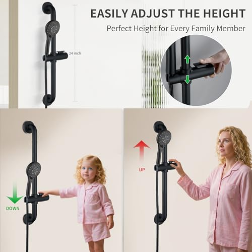 BRIGHT SHOWERS Stainless Steel Slide Bar Grab Rail Set Ada Compliant, 5-Spray Handshower with Slide Bar Kit – Includes Handheld Shower Head and 69-Inch Hose, Matte Black - color: Matte Black