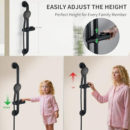 BRIGHT SHOWERS Stainless Steel Slide Bar Grab Rail Set Ada Compliant, 5-Spray Handshower with Slide Bar Kit – Includes Handheld Shower Head and 69-Inch Hose, Matte Black - color: Matte Black