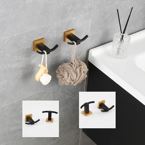 GERZWY Bathroom Double Coat Hook 2 Pack Stainless Steel Towel Hook Wall Mounted Clothes Hook for Bath Kitchen Black & Gold