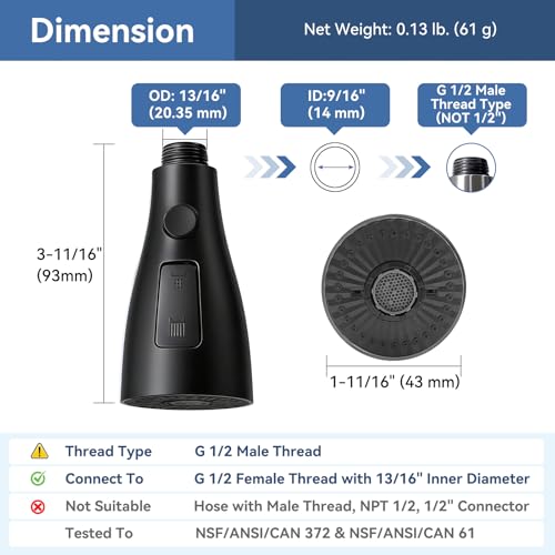 Kitchen Faucet Head Replacement with 3 Modes, Pull Down Spray Head for Kitchen Faucet, Kitchen Sink Sprayer Replacement Compatible with Moen, American Standard, Kohler Faucets - color: Matte Black