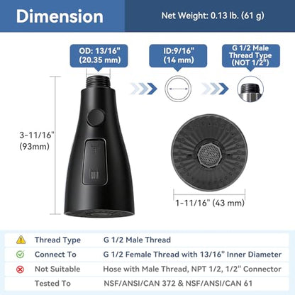 Kitchen Faucet Head Replacement with 3 Modes, Pull Down Spray Head for Kitchen Faucet, Kitchen Sink Sprayer Replacement Compatible with Moen, American Standard, Kohler Faucets - color: Matte Black