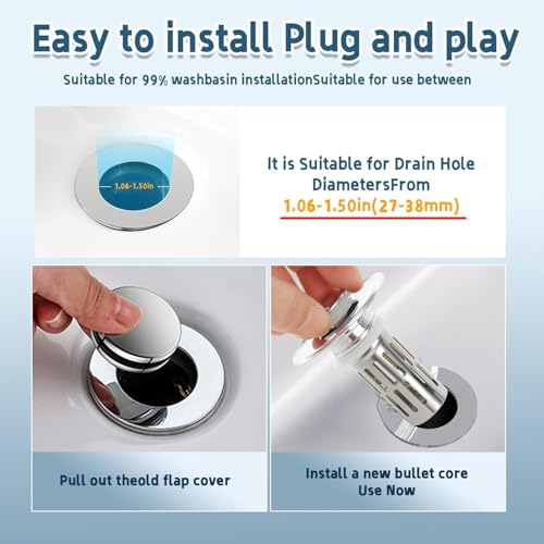 2025 New Universal Pop-Up Bathroom Sink Stopper with Hair Catcher, Pop-Up Removable Bathroom Sink Strainer, Easy-Install Sink Drain Strainer