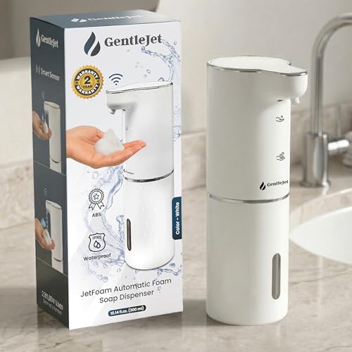 GentleJet JetFoam Automatic Foam Soap Dispenser Touchless Sensor, USB-C Rechargeable, Adjustable Output, IPX5 Waterproof, 300 ml, Bathroom & Kitchen Countertop - color: White