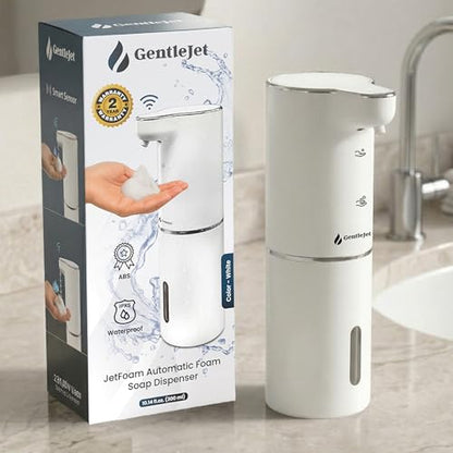 GentleJet JetFoam Automatic Foam Soap Dispenser Touchless Sensor, USB-C Rechargeable, Adjustable Output, IPX5 Waterproof, 300 ml, Bathroom & Kitchen Countertop - color: White