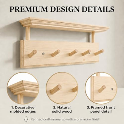 Matías Coat Rack Wall Mount with Shelf, 18 Inch Solid Wood Peg Rail, Wall Mounted Coat Rack with 5 Hooks, Wall Mount Shelf for Entryway, Bathroom or Bedroom (Natural Wood) - color: natural wood