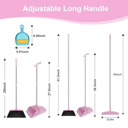 Broom and Dustpan Combo Set, 52" Long Handle with Squeegee & Mini Set | Pink Complete Cleaning Kit, Built-in Comb Dustpan, Floor Squeegee for Wet & Dry Messes, Mini Broom Set，for Home & Pet Areas - color: Pink