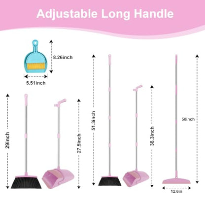 Broom and Dustpan Combo Set, 52" Long Handle with Squeegee & Mini Set | Pink Complete Cleaning Kit, Built-in Comb Dustpan, Floor Squeegee for Wet & Dry Messes, Mini Broom Set，for Home & Pet Areas - color: Pink