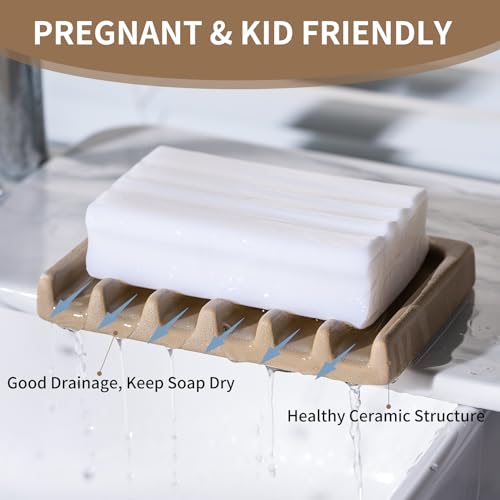 Tanew Self Draining Premium Ceramic Soap Dish, Bar Soap Holder, Waterfall Soap Dish, Shower Soap Holder Sponge Holder Soap Tray Soap Savers for Bathroom, Shower, Kitchen, Sink and Countertop Beige - color: Beige