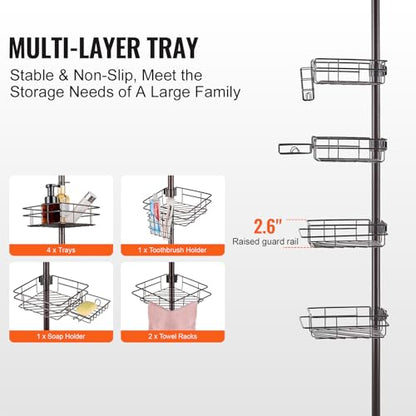 VEVOR Corner Shower Caddy Tension Pole, 4 Tier Adjustable Rustproof Organizer Shelves for Bathroom & Washroom, 42-114inch High, Bronze