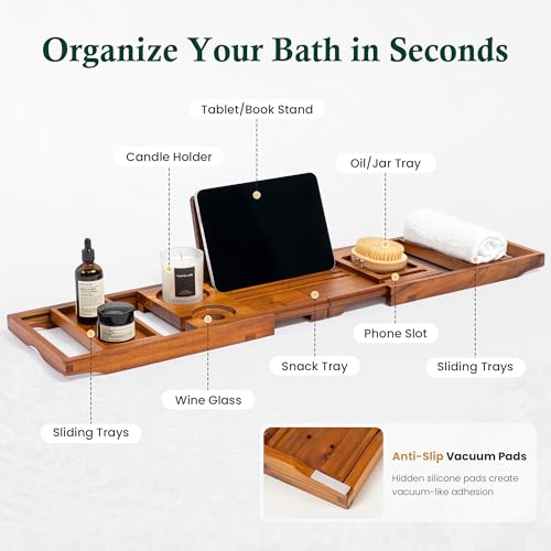 Teak Bathtub Tray Caddy, Adjustable Wood Bath Organizer | Natural Teak Wood Finish, Built-In Wine Holder, Tablet & Book Stand, Water-Resistant Seal, Fits Most Tubs - color: Classic Teak Finish