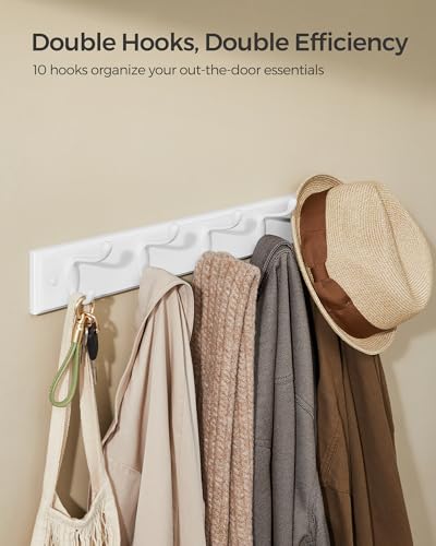 SONGMICS Wall-Mounted Coat Rack, Hook Rack, 5 Dual Metal Hooks, White | For Coats, Bags, Keys, in the Entryway, Bedroom, Living Room ULHR235W01 - color: White, size: 1 Pack-5 Hooks