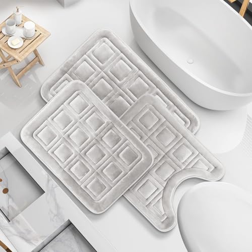 Clara Clark Set of 3 Bath Mats, Non-Slip Velvet Memory Foam Bathroom Rugs, Machine Wash, Soft and Plush Bath Rugs, 17 x 24 Inch, 20 x 32 Inch & U-Shaped 20 x 24 Inch, Waffle Design - Silver - color: Silver