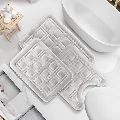 Clara Clark Set of 3 Bath Mats, Non-Slip Velvet Memory Foam Bathroom Rugs, Machine Wash, Soft and Plush Bath Rugs, 17 x 24 Inch, 20 x 32 Inch & U-Shaped 20 x 24 Inch, Waffle Design - Silver - color: Silver