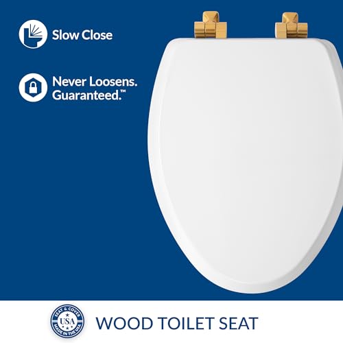 Mayfair Bennett Toilet Seat with Brushed Gold Hinges, Slow Close Wood Seat, Secure Metal Hinges, Easy Install, Made in USA, Elongated, White - color: Gold, size: Elongated