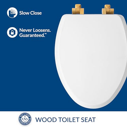 Mayfair Bennett Toilet Seat with Brushed Gold Hinges, Slow Close Wood Seat, Secure Metal Hinges, Easy Install, Made in USA, Elongated, White - color: Gold, size: Elongated