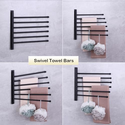 Swivel Hand Towel Bar Bathroom Swing Hanger Towel Rack Holder Matte Black Finish, Wall Mounted, 6-Arm - color: Black