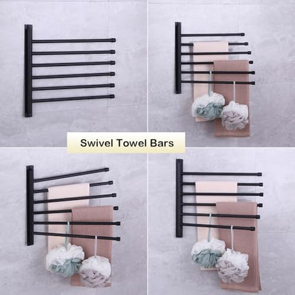 Swivel Hand Towel Bar Bathroom Swing Hanger Towel Rack Holder Matte Black Finish, Wall Mounted, 6-Arm - color: Black