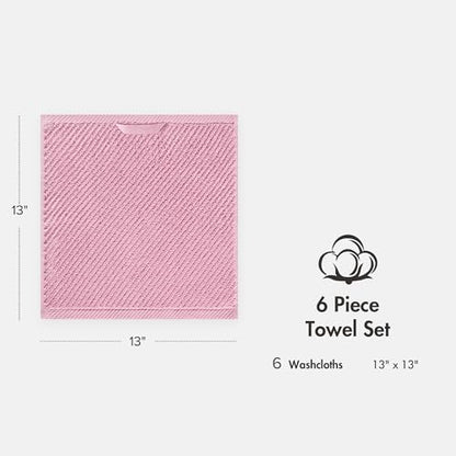 Madison Park 100% Zero Twist Cotton 6 Piece Bathroom Washcloth Set, Pink | 13" x 13" Bath Face Towels, 500 GSM Diagonal Ribbed Wash Cloths, Soft, Quick Dry, Highly Absorbent, Durable, Modern, OEKO TEX - color: Pink, size: 6 Piece Washcloth Towel Set