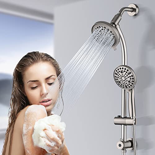 Rainfall Shower Head with Handheld Shower Spray, with 26" Drill Free Adjustable Height Slider Bar, High Pressure Dual Shower Head Combo, 3-Way Diverter for Easy Reach, 5Ft Hose-Brushed Nickel - color: Brushed Nickel